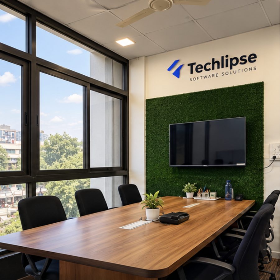 Techlipse meeting room with the company logo on the wall